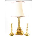 Brass Corinthian column table lamp, with shade,