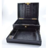 Black Morocco jewellery box, of oblong form, tray interior.