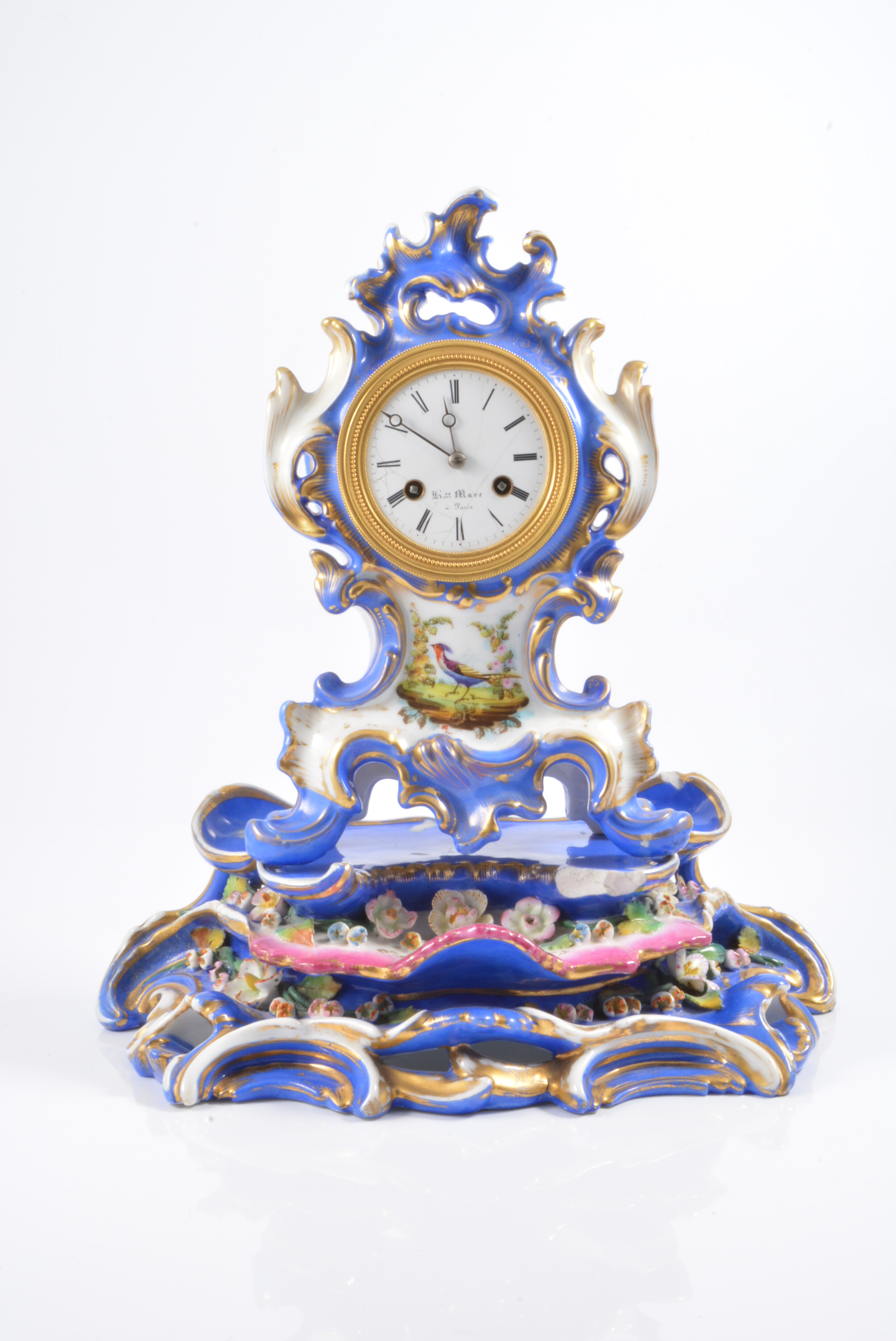 French porcelain balloon mantel clock, late 19th Century, blue ground,