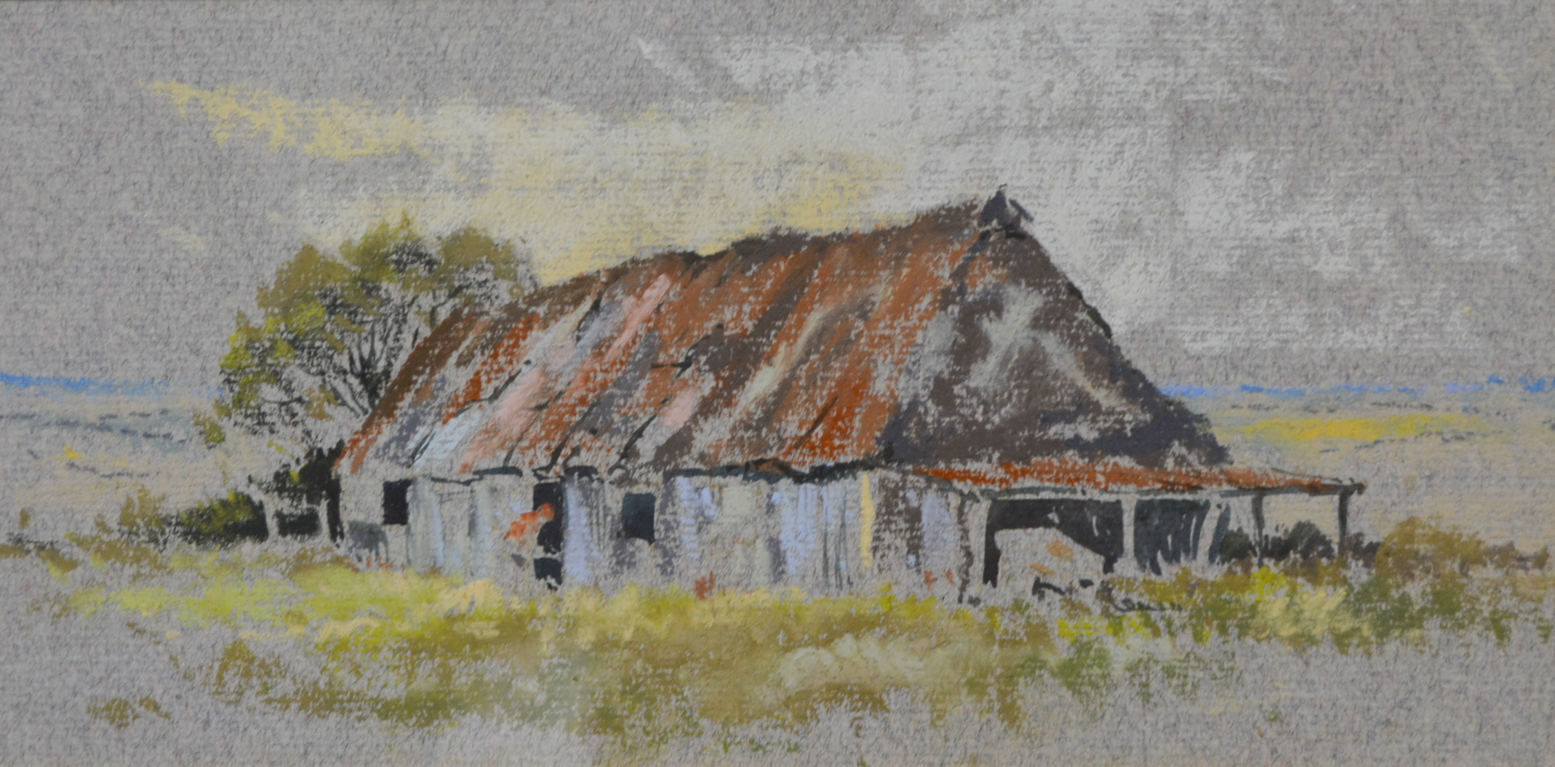 Alan Oliver, 'An old barn', pastel drawing, 11cm x 23cm.