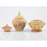 A Royal Worcester blush ivory pot pourri pot, moulded leaves and gilt border,