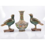 Pair of Chinese cloisonne bird boxes, broad beaks, removable covers, bespoke stands,