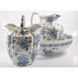 A blue and white wash basin and water jug,