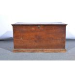 Victorian stained elm blanket box, rectangular hinged boarded lid, plinth base, width 83cm.