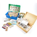 Box of coins and war medals.