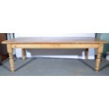 Large pine kitchen table, turned legs, 243cm x 100cm.