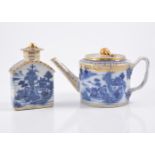 A Chinese export porcelain blue and white teapot of cylindrical form,