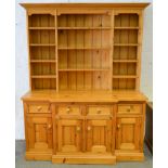 Modern pine kitchen dresser, cavetto moulded cornice, panel back with fixed shelves,