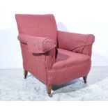 Edwardian armchair, lozenge pattern upholstery, square tapering stained wood legs, on casters, 77cm.