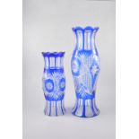 Two Bohemian blue overlaid cut glass vases, 46cm and 33cm,