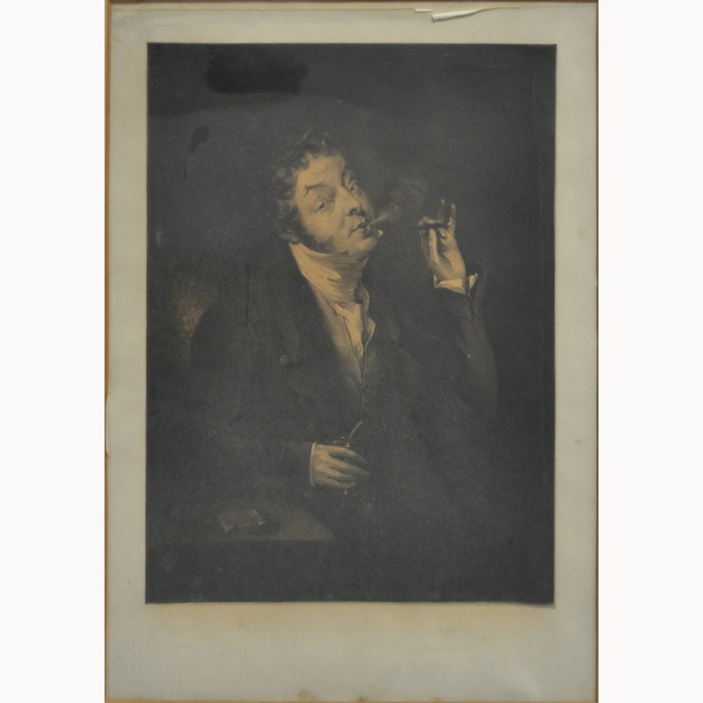 A gentleman smoking, a mezzotint, 26 x 20cm.