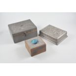 Arts and Crafts style pewter mounted wooden box, set with a Ruskin style turquoise cabochon,