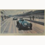 After Roy Thockold, Stirling Moss takes the Lead, colour print, 27 x 46cm.