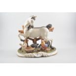 Capodimonte model of a Stallion before a fence, with chickens, 28cm.