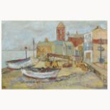 Joan Roobottom, Harbour scene, monogrammed, acrylic on board, 39cm x 60cm.