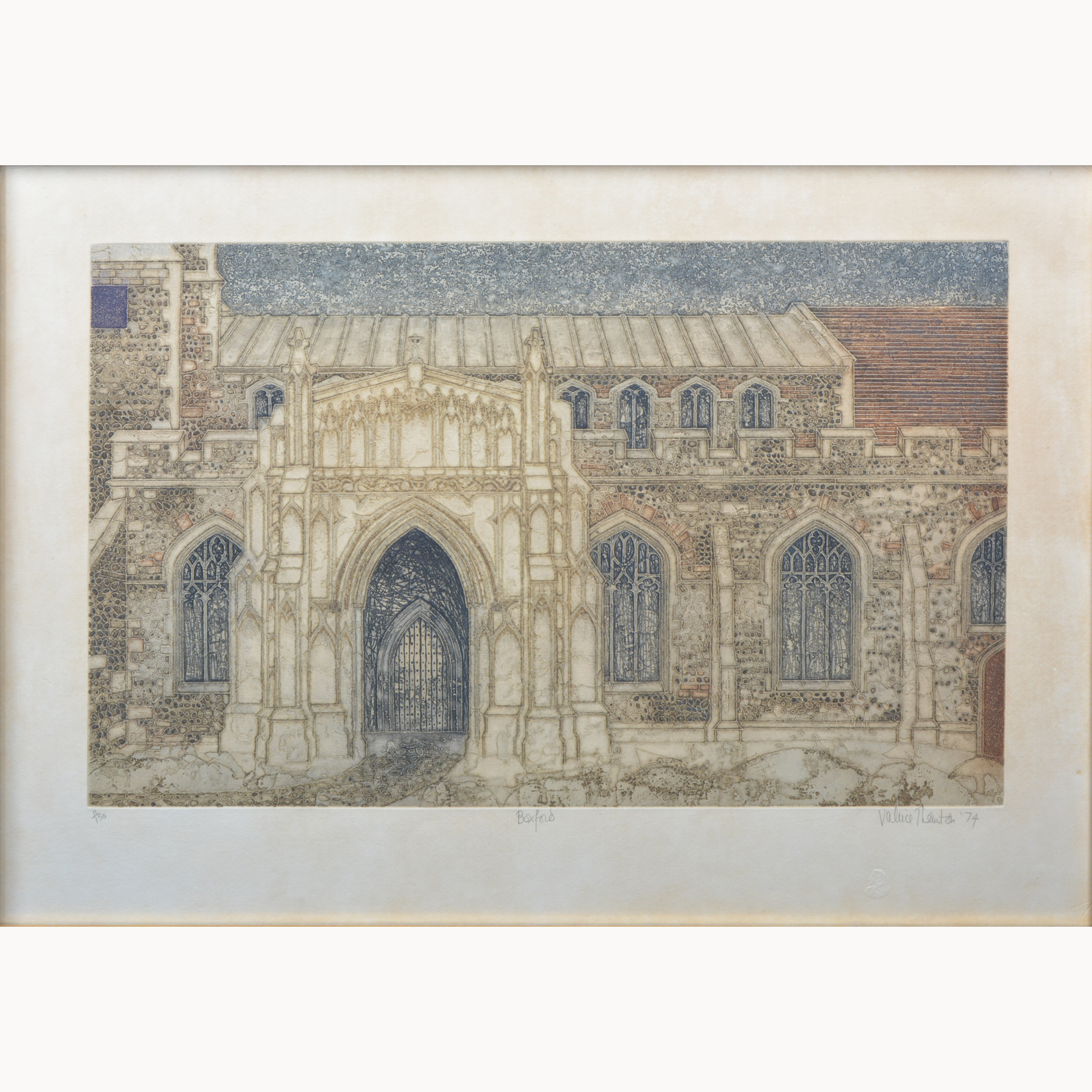 After Valerie Thornton, 'Boxford Church', signed and dated, etching with aquatint,