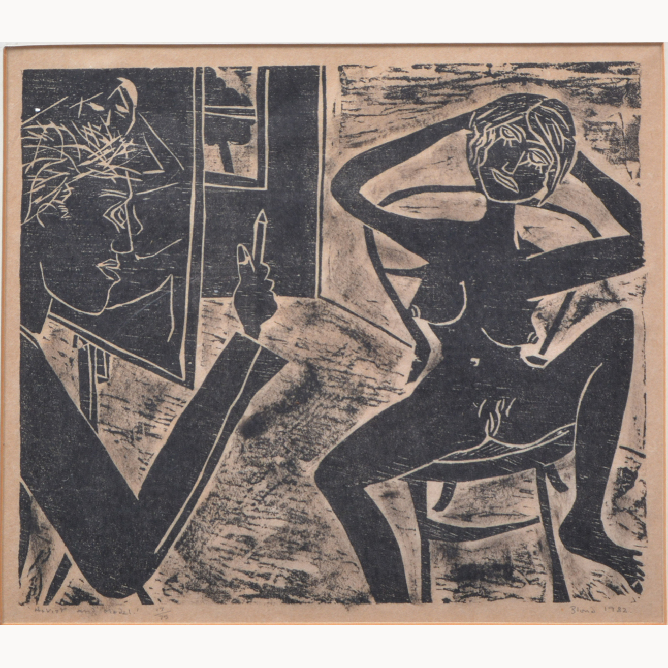 Blond (?), Artist and Model, monochrome woodblock print, no.