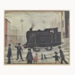 After L S Lowry, Level Crossing with Train, signed in pencil on the margin, 45.5cm x 55.5cm.