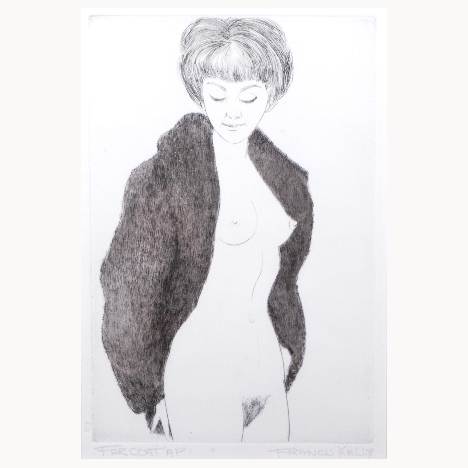After Francis Kelly, Fur Coat, monochrome print, signed, titled, marked 'artist's proof',