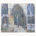 Joan Roobottom, Cathedral, in the style of Piper, monogrammed, mixed media, 65cm x 90cm.
