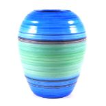 Shelley, a ribbed form vase, blue, green and grey horizontal banding, green backstamp, 17.