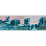 Peter Sumpter, English Castles I a triptych signed and dated '78 oil on board 30cm x 91cm.
