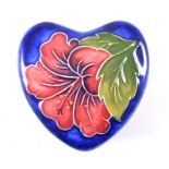 Walter Moorcroft, Hibiscus, a heart shaped pin dish, circa 1980, 7cm wide.