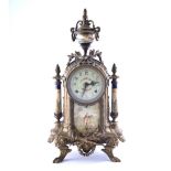 Reproduction French clock, cast case with porcelain panels, circular dial,