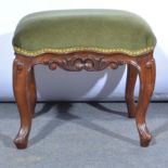 Stained wood stool in the French taste, upholstered in green dralon, on moulded cabriole legs,