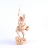 A Japanese carved ivory okimono, a fisherman, Meiji, two character mark, 21cm.