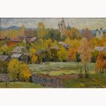 Russian town landscape, oil on board, indistinctly signed, dated '84, 31cm x 46cm.