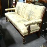 Victorian mahogany bench, turned supports, re-upholstered, length 184cm.