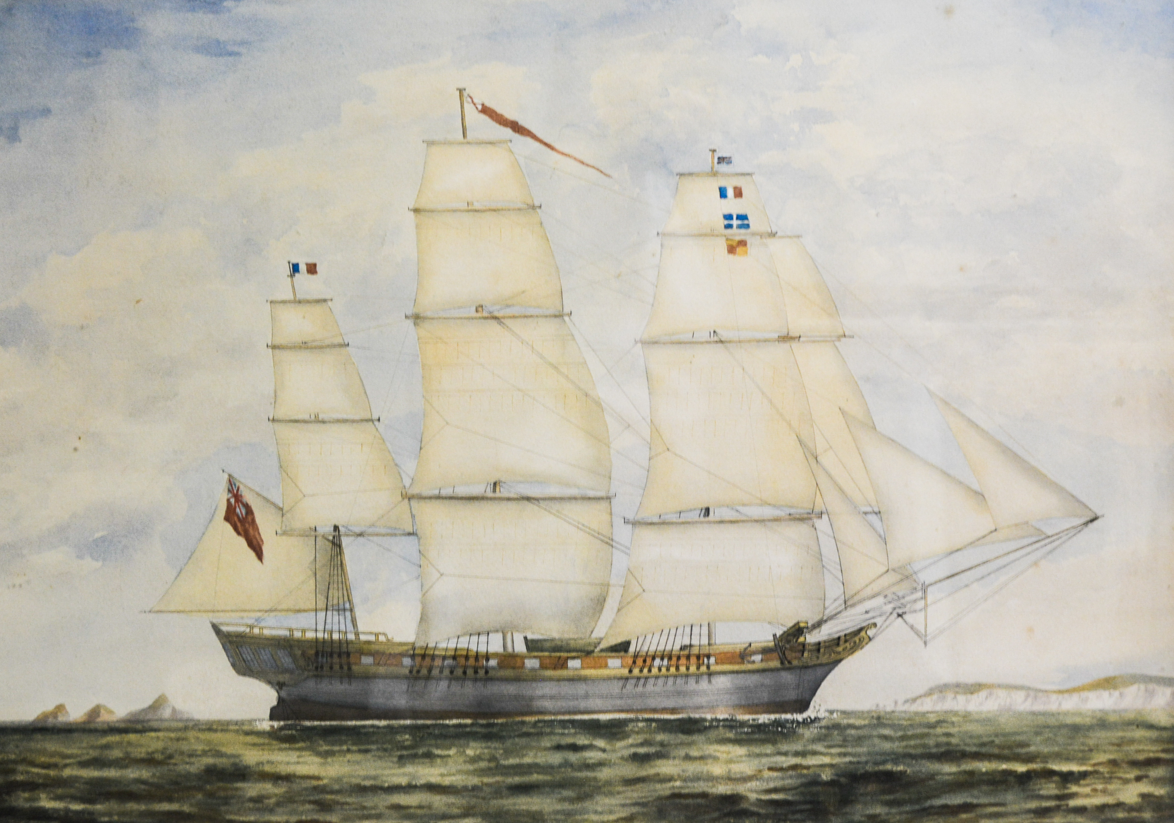 English School, HMS Buffalo, watercolour, unsigned, 51cm x 73cm.