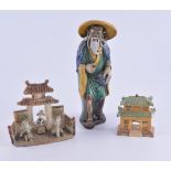 Far Eastern stoneware figure of bearded man, 20cm; and other items of Far Eastern pottery.