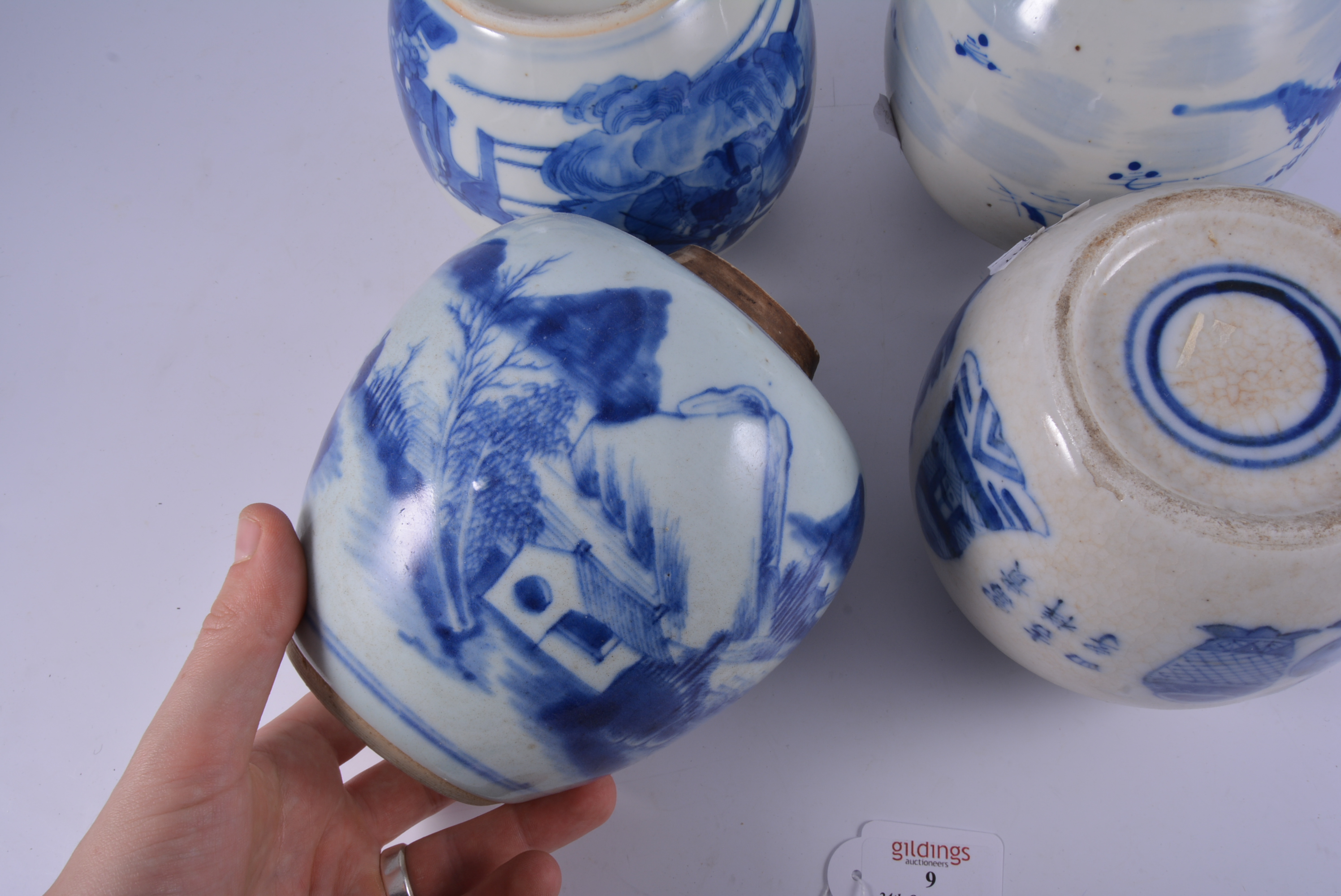 Chinese blue and white ginger jar, continuous landscape, with a fisherman, wooden lid and stand, - Image 3 of 6