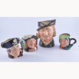 Royal Doulton character jugs, Robin Hood x 2, large; Sam Johnson, small; Porthos x 2, one damaged,