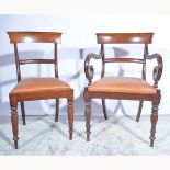 Victorian mahogany elbow chair, bar backs, scrolled arms, drop-in seat, hexagonal legs,