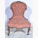 Victorian walnut nursing chair, carved cresting, cabriole legs, button dralon upholstery,
