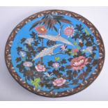 Cloisonne charger decorated with storks amongst flowering foliage, diameter 30cm.