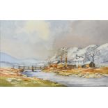 Jack Green, four watercolour landscapes, "Fenland Gate" 28cm x 42cm,