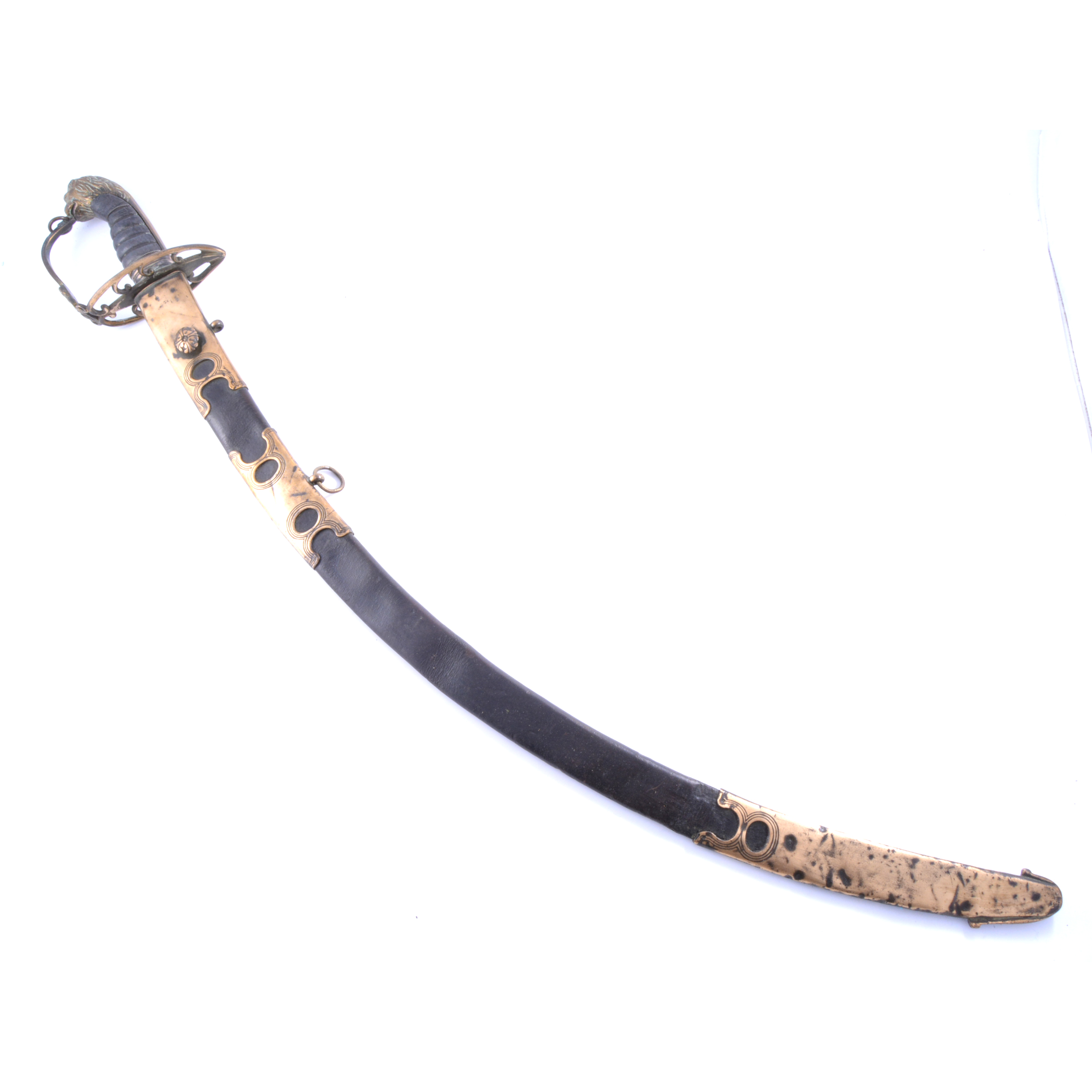 An early 19th Century British Officers sabre, brass hilt with lions head pommel, curved blade 75cm,