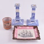 Pair of Copeland Spode Tower transfer ware candlesticks,