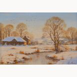 Edward Hersey, Winter landscape with farm buildings by a stream, oil on board, signed, 11cm x 16cm.