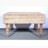 Pine table, rectangular boarded top with two drop leaves, turned legs, 123cm x 109cm,