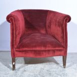 Edwardian tub chair, square tapering stained wood legs, burgundy upholstery, width 82cm.