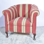 Edwardian armchair, scrolled arms, square tapering stained wood legs, striped upholstery,