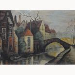 English School, Canal scene, Bruges, oil on board, 30cm x 40cm; F.