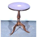 Stained wood occasional table, circular inlaid top, turned column, tripod legs, diameter 50cm,