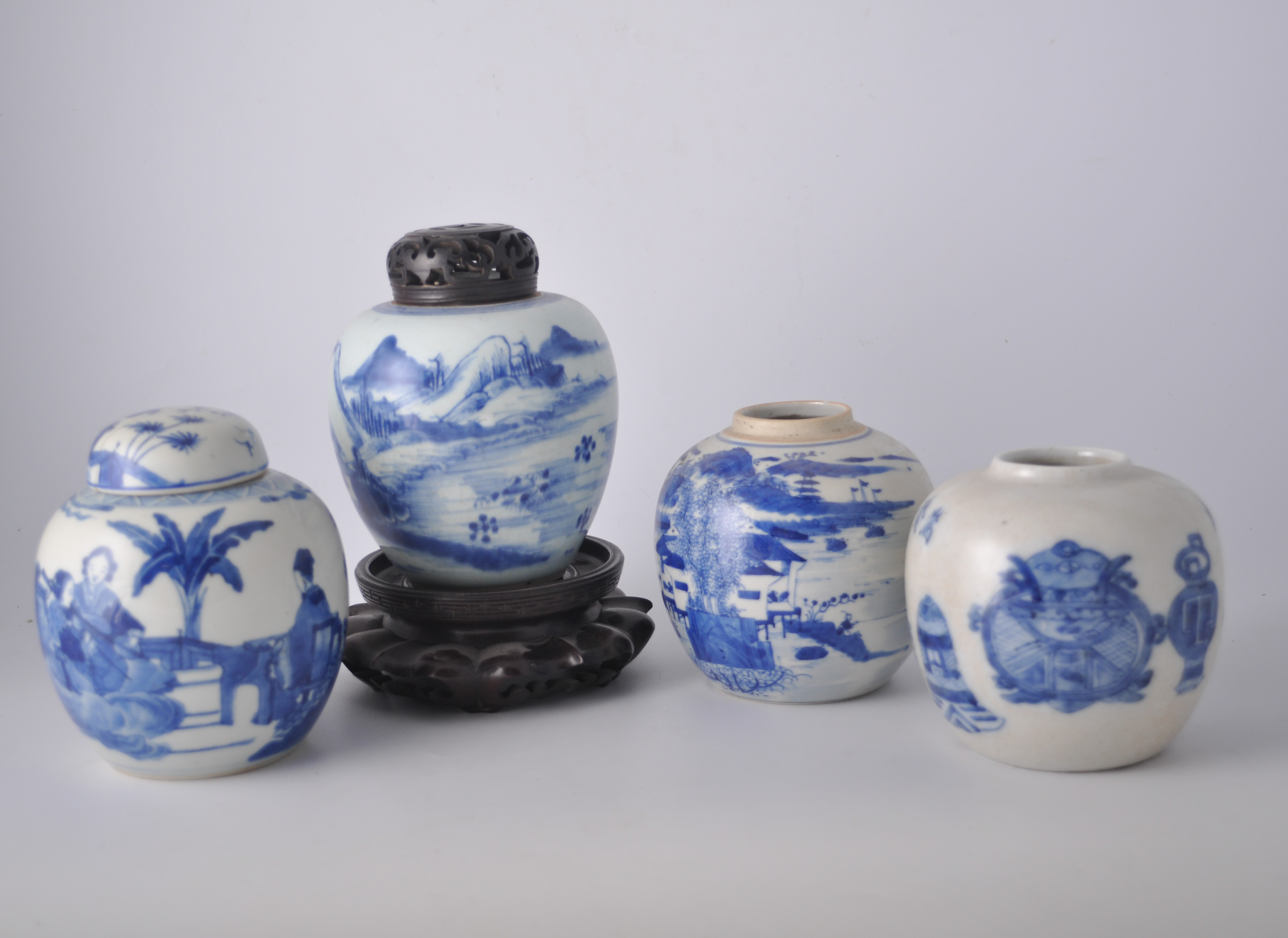 Chinese blue and white ginger jar, continuous landscape, with a fisherman, wooden lid and stand,