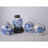 Chinese blue and white ginger jar, continuous landscape, with a fisherman, wooden lid and stand,